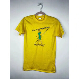 Vintage Gregarious Aquarius T Shirt Yellow Single Stitch Graphic Print Zodiac